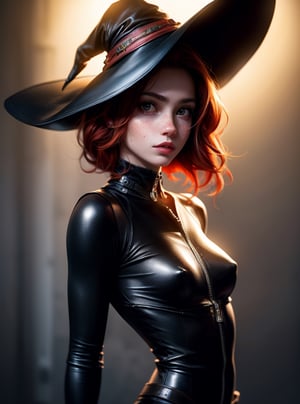 beautiful teenage european college girl, young_face,
very short red hair, freckles, cute, tiny breasts, small boobs,
leather outfit, witch hat, 
alluring pose,
daytime, inside,
aesthetic ((slim, athletic, petite, skinny, shredded)),
photorealistic, photo, masterpiece, realistic, realism, photorealism, high contrast, photorealistic digital art trending on Artstation 8k HD high definition detailed realistic, detailed, skin texture, hyper detailed, realistic skin texture, armature, best quality, ultra high res, (photorealistic:1.4), , high resolution, detailed, raw photo, sharp re, by lee jeffries nikon d850 film stock photograph 4 kodak portra 400 camera f11 lens rich colors hyper realistic lifelike texture dramatic lighting unrealengine trending on artstation cinestill 800,midjourney