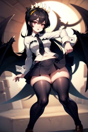 Filia (Black hair): skirt, thighhighs, school uniform, thighs, thick thighs, shirt, long sleeves, navel, necktie, loafers, zettai ryouiki (Reforce prompt: Red eyes, black hair, prehensile hair, extra mout).
