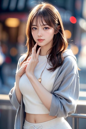 (glamour:1.3) photo of a beautiful woman\(girlfriend\) with mid-parted hairstyle, perfect hands, perfect fingers, (blush, blemishes:0.6), (goosebumps:0.5), subsurface scattering, detailed skin texture, textured skin, realistic dull skin noise, visible skin detail, skin fuzz, dry skin, BREAK wearing Cropped hoodie, joggers, slide sandals, BREAK remarkable colors, hourglass body shape, (upper_body frame), dynamic_pose, CyberpunkWorld background, soft natural lighting, rule_of_thirds, 85mm lens, beautiful Korean 18yo girl, idol face, gorgeous girl, {beautiful and detailed eyes}, {normal limbs and fingers}, ((accurate hands without incongruity)), Golden ratio, perfect body ratio, The face of a young actress in korea, high details, High quality, beauty face, perfect face,  
beautiful accurate face (eyes, nose and mouth), medium_breasts, Detailed face, Detailed eyes, perfect foot, perfect hand, perfect fingers, Clean facial skin, slim and perfect body, Glamor body type, hips up, film grain, realhands, looking at viewer,Extremely Realistic,Realism,Nice legs and hot body,colorful_girl_v2,chinatsumura,1 girl