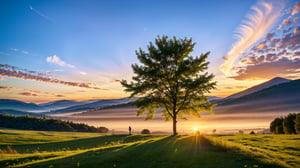 (Masterpiece, ultra detailed, hyper quality, best result)view from car roof , morning car ride in village , sunset, trees and grass looks beautiful, mountain ,High detailed ,firefliesfire,Color magic,1 girl