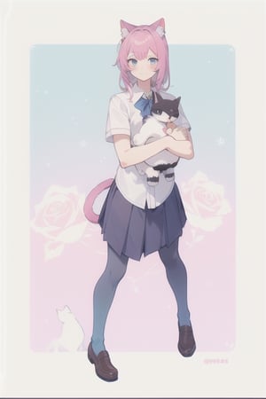 Cat girl Schoolgirl With his stuffed cat , cat_girl , cat_tail , roses , Quality 