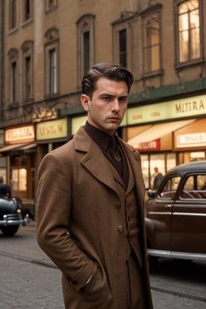 (high quality image, vintage setting, 1940s, intricate details, scene like a movie action) 1man brown hair ,background vintage city, 1940s vintage outfit black, brown eyes, brown_hair Natural

eyes focus, mafia italiana outfit un black 

