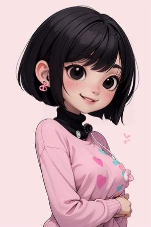 Chibi body 1women 27 years, masterpiece, best quality,  flatchest, facefull, smiling and Silly expression, listen músic white Earphones big . ( black hair bob cut style, black eyes) , (high image quality, high definition, wallpaper quality) Pastel colours, custome pink Sweater ,chibi