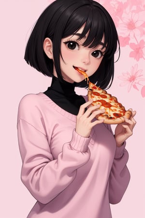 masterpiece, best quality, 1women 27 years, flatchest, facefull, smiling and Silly expression eating pizza. ( black hair bob cut style Without pullet, black eyes) , (high image quality, high definition, wallpaper quality) Pastel colours, custome pink Sweater 