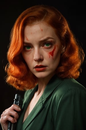 (high quality image, máster Pierce, High quality, high definition, high wallpaper quality vintage setting 1940s, book cover, intricate details, Illumination to the face, focus un face, justo face, atmosphere of terror, scene like a movie action) 1women very beautyfull redhair, she got a expresión scared in face,  Expression of fear on the face,black background,  1940s vintage beautyfull Green eyes, orange_hair Medium Long.

Blood staining face, blood in face, horror ambient, horror picture, gun Magnum In hand