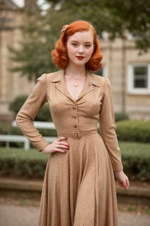 (high quality image, vintage setting, 1940s city, intricate details)  1940s vintage outfit dress , very beautiful redhead young woman, orange hair 