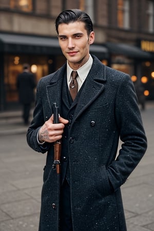 (high image quality, intricate details)
Tall attractive young man, Beautiful but manly face, black hair, modelo face, gray-eyed handsome man. Mafia boss, vintage suit from the 40s, Long black coat, vintage 1940 city background, intimidant eyes, gun In hand, smile.

(Tattoo in hands)