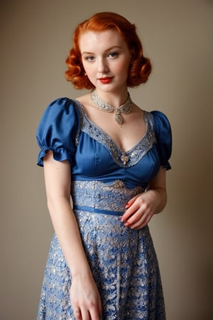 (high quality image, vintage setting, 1940s city, intricate details) Cobalt blue 1940s vintage outfit, very beautiful redhead young woman, orange hair 