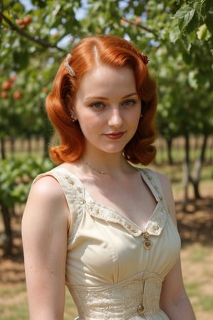 (high quality image, vintage setting, 1940s, intricate details)  1940s vintage outfit dress , very beautiful redhead young woman, Green eyes, orange_hair Medium long , Vineyard background, cover yourself from the sun.