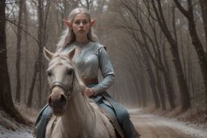 (Elf small ears, very beautiful, beautiful face of a woman with silver hair, white skin, blue eyes.)
Dressed a outfit blacK
In Pradera snow forest.  On top of a Horse, Ride a Horses, ride sobre un caballo, montada en el lomo de un caballo 