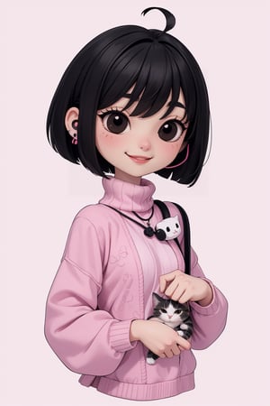 Chibi body 1women 27 years, masterpiece, best quality,  flatchest, facefull, smiling and Silly expression, listen músic white Earphones big, a CAT by her side . ( black hair bob cut style, black eyes) , (high image quality, high definition, wallpaper quality) Pastel colours, custome pink Sweater ,chibi