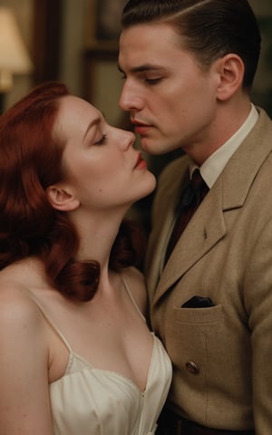(high quality image, vintage setting, 1940s, intricate details, scene like a movie Mafia, dramátic pose, acction movie, vintage closes, vintage custome black. Full color)

RE4Leon Blondehair Man hadsome blondehair kiss a woman redhair Medium long hair redhair. 

Couple lovers vintage mafia, forced kiss , Kiss Wild, force kiss
