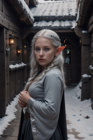 Elf, small ears, beautiful face of a woman with silver hair, white skin, blue eyes.
Dressed a outfit blacK
Inside the middle inn and tavern