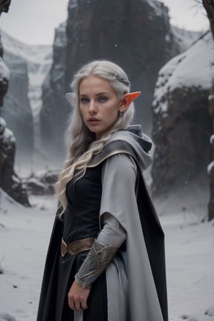 Elf, small ears, beautiful face of a woman with silver hair, white skin, blue eyes.
Dressed un a outfit black, black hooded cape.
