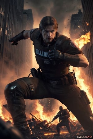 (high quality, masterpiece, heroic pose, Resident Evil video game cover image fuego)
(Fondo Alta calidad, fluidez de la imagen en movimiento, personas luchando fondo deciudad de Boston en caos, Boston city, ciudad en Apocalipsis. Aura oscura en la imagen)