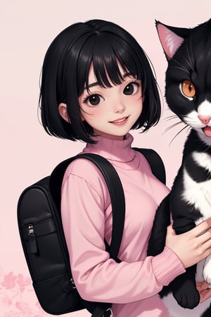 masterpiece, best quality, 1women 27 years, flatchest, facefull, smiling and Silly expressIon With a backpack in which he carries a cat.  ( black hair bob cut style Without pullet, black eyes) , (high image quality, high definition, wallpaper quality) Pastel colours, custome pink Sweater 