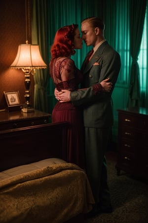 (high quality image, vintage setting, 1940s, intricate details, scene like movie, couple man AND woman together in a bedroom, couple romance escene in bedroom) 1women very beautyfull redhair orange, background vintage glamour room, Green eyes, orange_hair Medium Long.

She Receive a kiss in the bedroom by a Very Tall attractive young 1man Blondehair, Beautiful but manly face, blonde hair, angelic face, blue-eyed blond handsome man. Mafia boss, 40s, vintage, intimidant eyes, ,RE4Leon,re2leon

