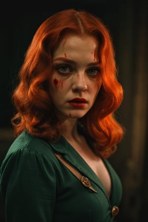 (high quality image, vintage setting 1940s, book cover, intricate details, Illumination to the face, focus un face, justo face, atmosphere of terror, scene like a movie action) 1women very beautyfull redhair, she got a expresión scared in face,  Expression of fear on the face,black background,  1940s vintage beautyfull Green eyes, orange_hair Medium Long.

Blood staining face, blood in face, horror ambient, horror picture