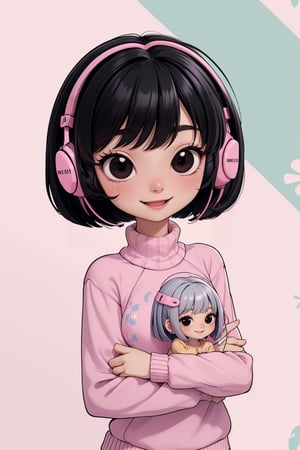 masterpiece, best quality, 1women 27 years, flatchest, facefull, smiling and Silly expressIon With large headphones in your ears..  ( black hair bob cut style Without pullet, black eyes) , (high image quality, high definition, wallpaper quality) Pastel colours, custome pink Sweater ,chibi