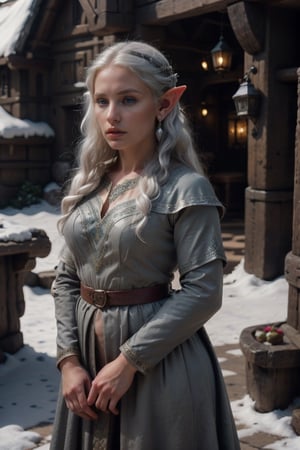 Elf, small ears, beautiful face of a woman with silver hair, white skin, blue eyes.
Dressed a outfit blacK
Inside the middle inn and tavern