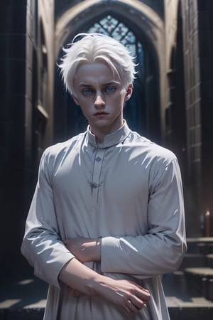 (Draco Malfoy de Harry Potter, cabello plateado y ojos azules.)

Mirada amenazadora, rostro hermoso definido, belleza masculina angelical.
Fondo de castillo de Howards.

Traje de Draco Malfoy tela negra gamusada. Dga de plata en mano