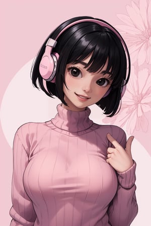 masterpiece, best quality, 1women 27 years, flatchest, facefull, smiling and Silly expressIon With large headphones in your ears..  ( black hair bob cut style Without pullet, black eyes) , (high image quality, high definition, wallpaper quality) Pastel colours, custome pink Sweater 