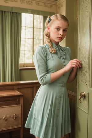 (high quality image, vintage setting, 1940s, intricate details, scene like a movie action) 1 young girl 11 year, very beautyfull,background vintage house, dress of 1940s vintage outfit schoolar, school, green eyes, blonde_hair Long ponytail

Books in hand

