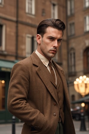 (high quality image, vintage setting, 1940s, intricate details, scene like a movie action) 1man brown hair ,background vintage city, 1940s vintage outfit black, brown eyes, brown_hair Natural

eyes focus, mafia italiana outfit 

