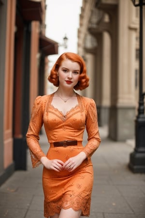 (high quality image, vintage setting, 1940s city, intricate details)  1940s vintage outfit dress , very beautiful redhead young woman, orange hair 