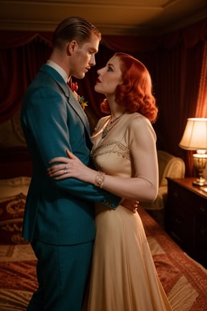 (high quality image, vintage setting, 1940s, intricate details, scene like movie, couple man AND woman together in a bedroom, couple romance escene in bedroom Honeymoon) 1women very beautyfull redhair orange, background vintage glamour room, Green eyes, orange_hair Medium Long.

She Receive a kiss in the bedroom by a Very Tall attractive young 1man Blondehair, Beautiful but manly face, blonde hair, angelic face, blue-eyed blond handsome man. Mafia boss, 40s, vintage, intimidant eyes, ,RE4Leon,re2leon
Over her

