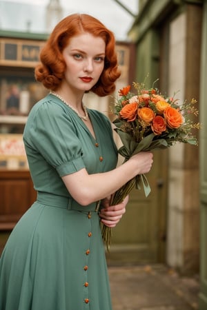 (high quality image, vintage setting, 1940s, intricate details, scene like a movie action) 1women very beautyfull redhair, she hoy a scared face ,background vintage clothing store, dress of 1940s vintage beautyfull outfit dress in blue, Green eyes, orange_hair Medium Long.

She Receive flowers, bouquet of flowers
