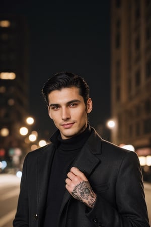 (high image quality, intricate details)
Tall attractive young man, Beautiful but manly face, black hair, modelo face, gray-eyed handsome man. Mafia boss, vintage suit from the 40s, Long black coat, vintage city background, intimidant eyes, gun In hand, smile.

(Tattoo un hands)