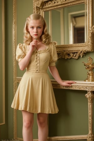 (high quality image, vintage setting, 1940s, intricate details, scene like a movie action) 1 young girl 11 year, very beautyfull Blonde hair long,  ,background vintage clase room, dress of 1940s vintage outfit schoolar, green eyes, blonde_hair Long.

