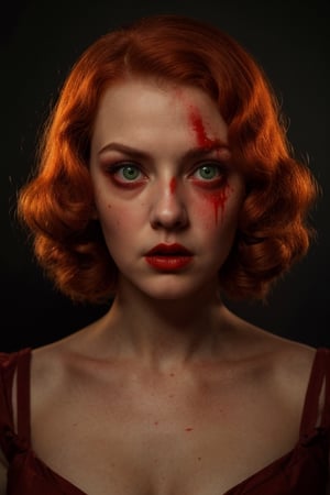(high quality image, vintage setting 1940s, book cover, intricate details, Illumination to the face, focus un face, justo face, atmosphere of terror, scene like a movie action) 1women very beautyfull redhair, she got a expresión scared in face,  Expression of fear on the face,black background,  1940s vintage beautyfull Green eyes, orange_hair Medium Long.

Blood staining face, blood in face, horror ambient, horror picture
