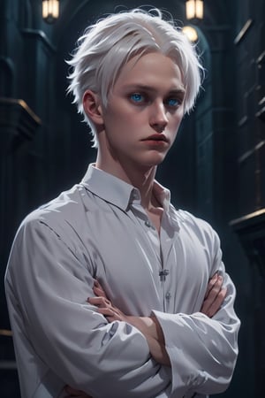 Draco Malfoy de Harry Potter, cabello plateado y ojos azules. 