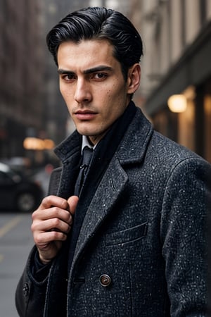 (high image quality, intricate details)
Tall attractive young man, Beautiful but manly face, black hair, modelo face, gray-eyed handsome man. Mafia boss, vintage suit from the 40s, Long black coat, vintage 1940 city background, intimidant eyes, gun In hand, angry eyes

(Tattoo in hands)