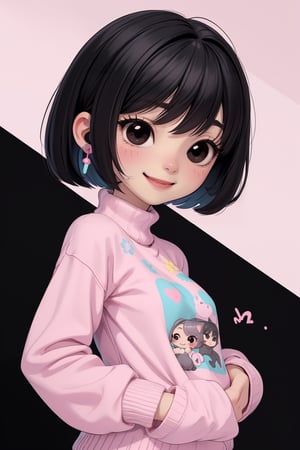 Chibi body (all body) 1women 27 years, masterpiece, best quality,  flatchest, facefull, smiling and Silly expression, listen músic white Earphones big, a CAT by her side . ( black hair bob cut style, black eyes) , (high image quality, high definition, wallpaper quality) Pastel colours, custome pink Sweater ,chibi