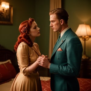 (high quality image, vintage setting, 1940s, intricate details, scene like movie, couple man AND woman together in a bedroom, couple romance escene in bedroom Honeymoon) 1women very beautyfull redhair orange, background vintage glamour room, Green eyes, orange_hair Medium Long.

She Receive a kiss in the bedroom by a Very Tall attractive young 1man Blondehair, Beautiful but manly face, blonde hair, angelic face, blue-eyed blond handsome man. Mafia boss, 40s, vintage, intimidant eyes, ,RE4Leon,re2leon
Over her
