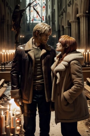 (high definition, saturated color, masterpiece Quality, epic pose of couple  in the apocalypse, inside of a Church, Illuminated by candles and decorated with marble sculptures )

Couple, of blonde man RE4Leon tall protecting a redhead woman beauty  with longer hair Saturated red hair . Couple men AND women in the apocalypse, the woman next to the blonde man is redhead.

 The men Is More tall tan the women. The clothes are winter, hunting jackets, black pants

