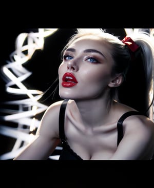 A detailed vibrant image of a Young attractive glamor model wearing lots of glossy red lipstick. her mouth is open and her lips are smooth, full and plump.  eyes are bright grey-blue and her eyelashes are extremely long and thick. hair is straightened, dark, long and very shiny.
skin is pale and dewy. expression is excited- surprised or shocked. mouth open wide, her eyes are big, looking up into the air above her. white billowing storm clouds in her open mouth are rising out of her mouth. In her hair she is wearing bows/ ribbons and pigtails. 