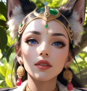 Anubis_Citron_OC, photorealistic,{(((ear)))},1female, large blue eyes gazing at the viewer, red full glossy round lips, mouth agape,  motion of jumping, dappled light, silky long pigtails in the wind , close up , detail, highest quality, jade bangles, jade talisman 