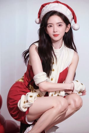 1girl, Take a photo wearing a Santa Claus costume,Red dress and hat, wearing red dress,Upper arms exposed, in white background 