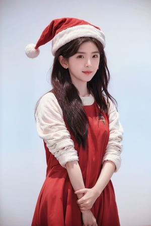 1girl, Take a photo wearing a Santa Claus costume,Red dress and hat, wearing red dress,Upper arms exposed, in white background 