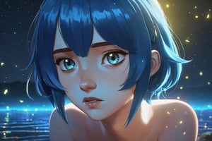 beautiful age 18 girl, arcane, blue hair, freckles, sexy, naked, beautiful, 1girl, dslr, 8k, night, hairclip, fireflies, aurora borealis, soft light, natural skin, textured skin, ((sad, full body, sad eyes, sparkling eyes)), sad_face