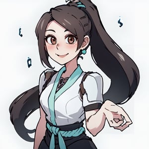 sage \(valorant\), ponytail, (masterpiece, best quality, ultra-detailed, best shadow), 1 girl, sage, black hair, brown eyes, ((friendly, smiled shyly)), looking at viewer, looking up,Pandemonika, simple background, upper body, blush, short sleeves, white background, looking at viewer, masterpiece, best quality,sagevalorant