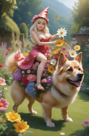 (((full-body))), (masterful),a beautiful adult naked Gnome,  wearing dress made of flowers, a Gnome hat, a large head, very short legs,  in a garden, with medium breasts, gold_hair, she is riding on a huge  dog naked