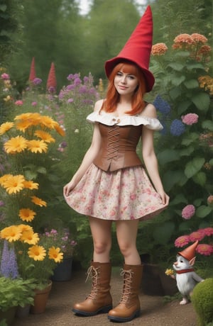 (((full-body))), (masterful),a beautiful adult sexy Gnome,  wearing dress made of flowers, a Gnome hat, a large head, very short legs,  in a garden, with medium breasts, copper_hair, standing next to a enormous boot almost as tall as she is