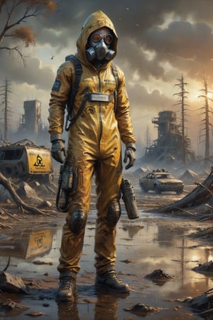 Photorealistic, Award Winning, Ultra Realistic, 8k, of a stunningly beautiful half-naked wanderer with a respirator standing near a puddle of radioactive waster with a dead body floating in it and a biohazard sign, wearing a ripped and torn destroyed jumpsuit, a burning futuristic tank is in the background,  dead trees and a barren landscape,  amidst the ravages of time and nature."  long blonde hair,  and wears a skimpy broken tec armor with hood,  Masterpiece, ultra highly detailed, digital painting