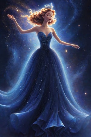 a shimmery pixar style illustration of an ethereal queen in a navy blue ball gown dress, the queen is Dancing on the edge of eternity, her dress Melting into the luminous mist of enchanting cosmic darkness