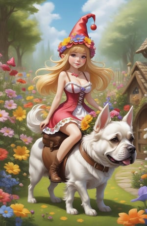 (((full-body))), (masterful),a beautiful adult sexy Gnome,  wearing dress made of flowers, a Gnome hat, a large head, very short legs,  in a garden, with medium breasts, gold_hair, she is riding on a big dog